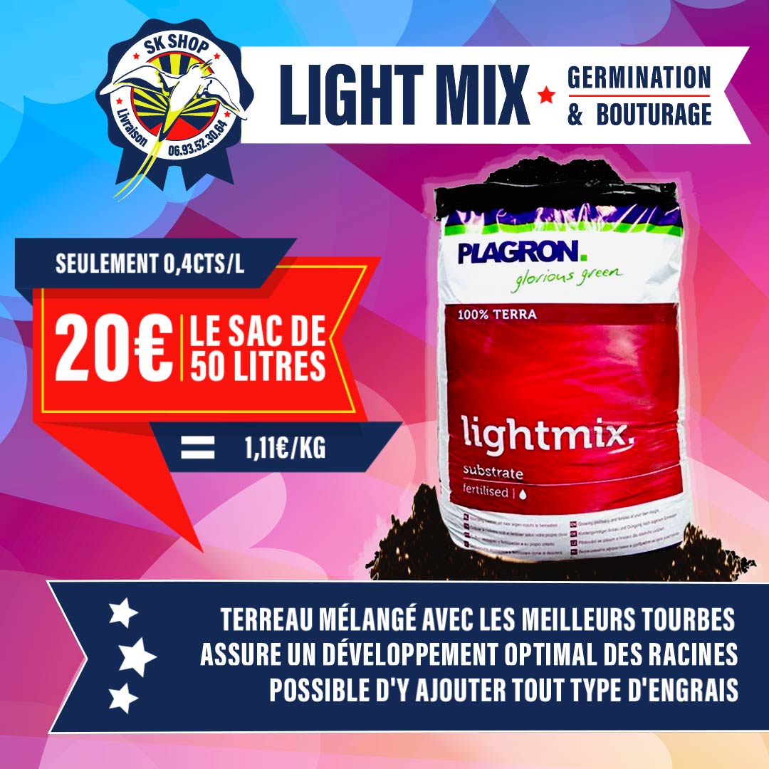 Light mix Plagron est un terreau conçu pour permettre à chacun de fertiliser ses plantes selon ses préférences. Disponible en sac de 50 litres, il est l'allié indispensable pour ceux qui souhaitent prendre soin de leurs plantes avec passion .